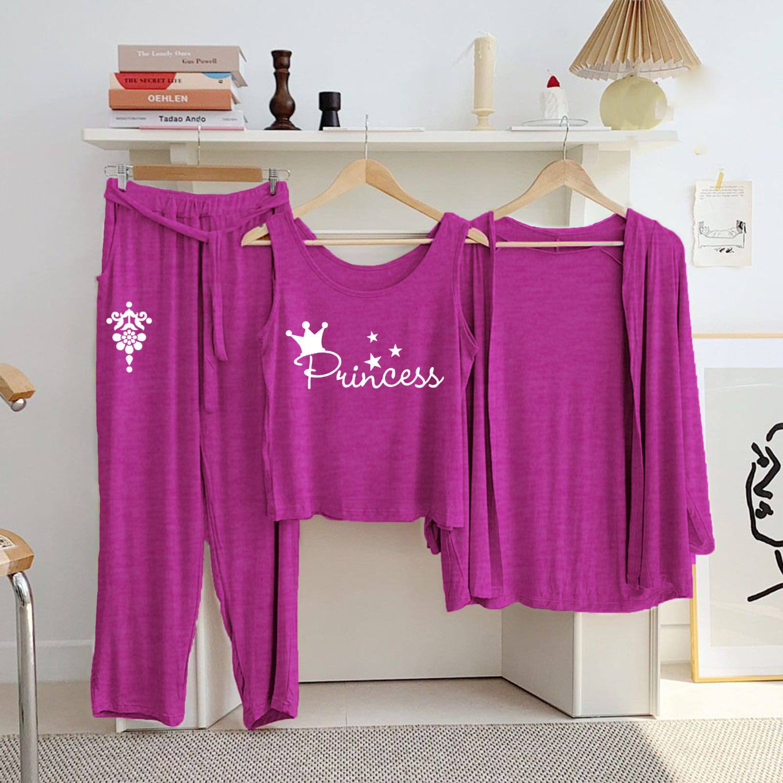 3 Piece Printed Night Suit Set – Comfortable Jersey Sleepwear for Women