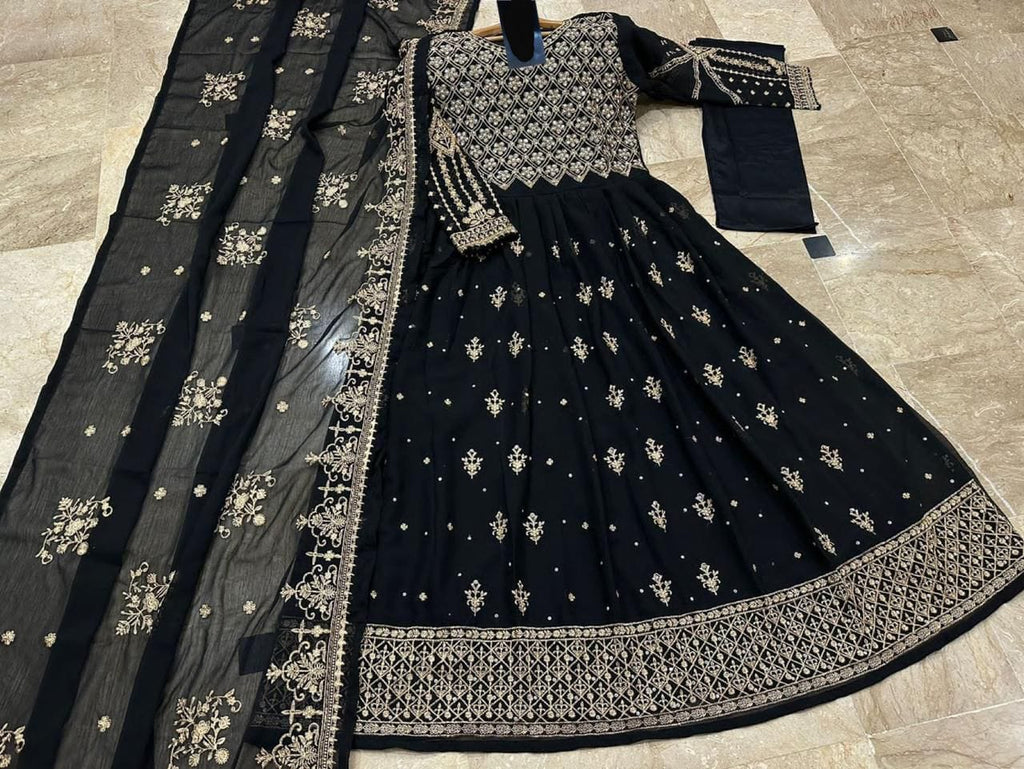 Luxury Chiffon Embroidered Maxi 3 Piece Dress – Crystal Handwork Design