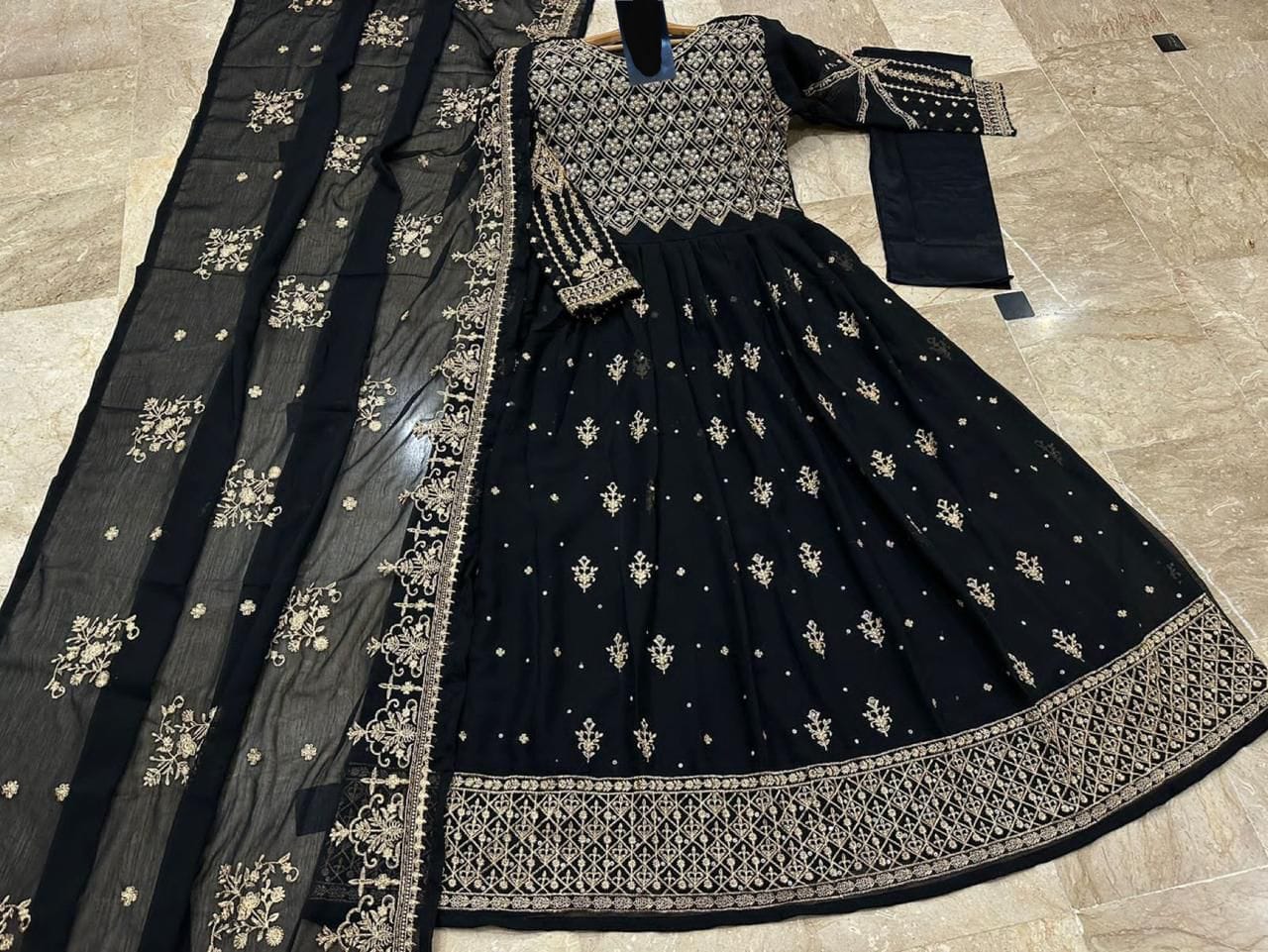 Luxury Chiffon Embroidered Maxi 3 Piece Dress – Crystal Handwork Design
