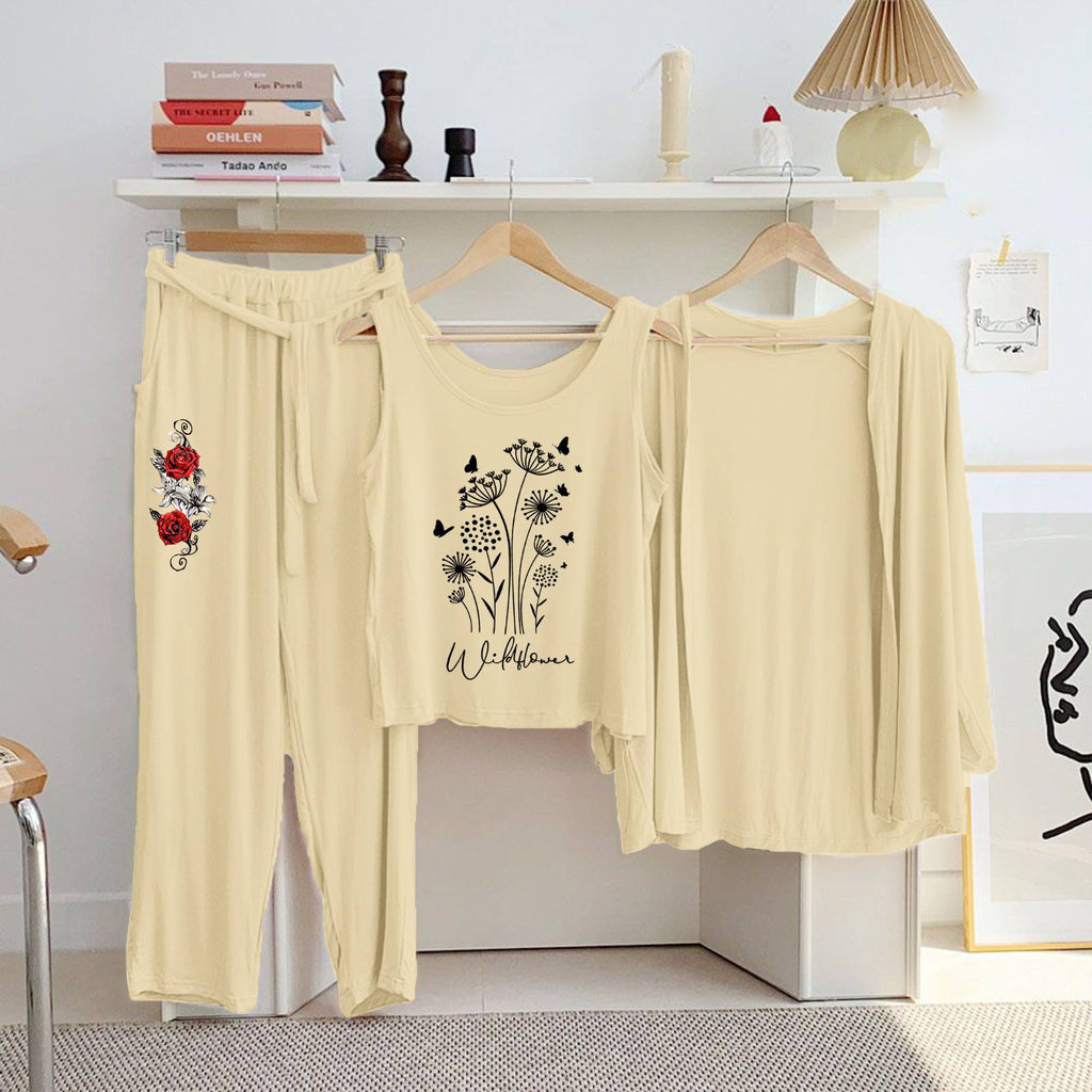 3 Piece Printed Night Suit Set – Comfortable Jersey Sleepwear for Women