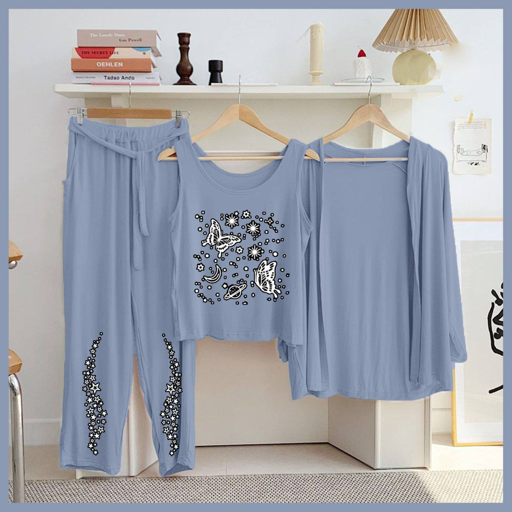 3 Piece Printed Night Suit Set – Comfortable Jersey Sleepwear for Women