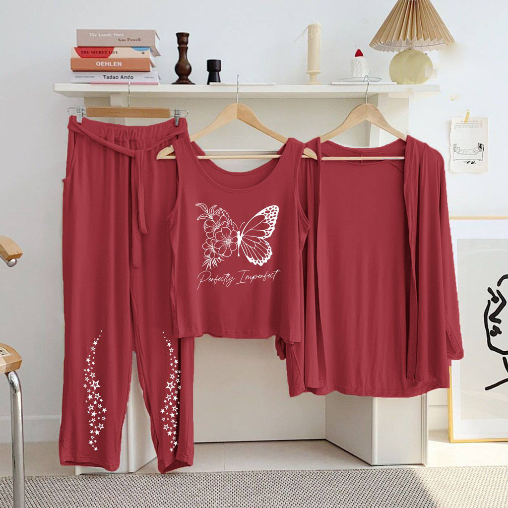 3 Piece Printed Night Suit Set – Comfortable Jersey Sleepwear for Women