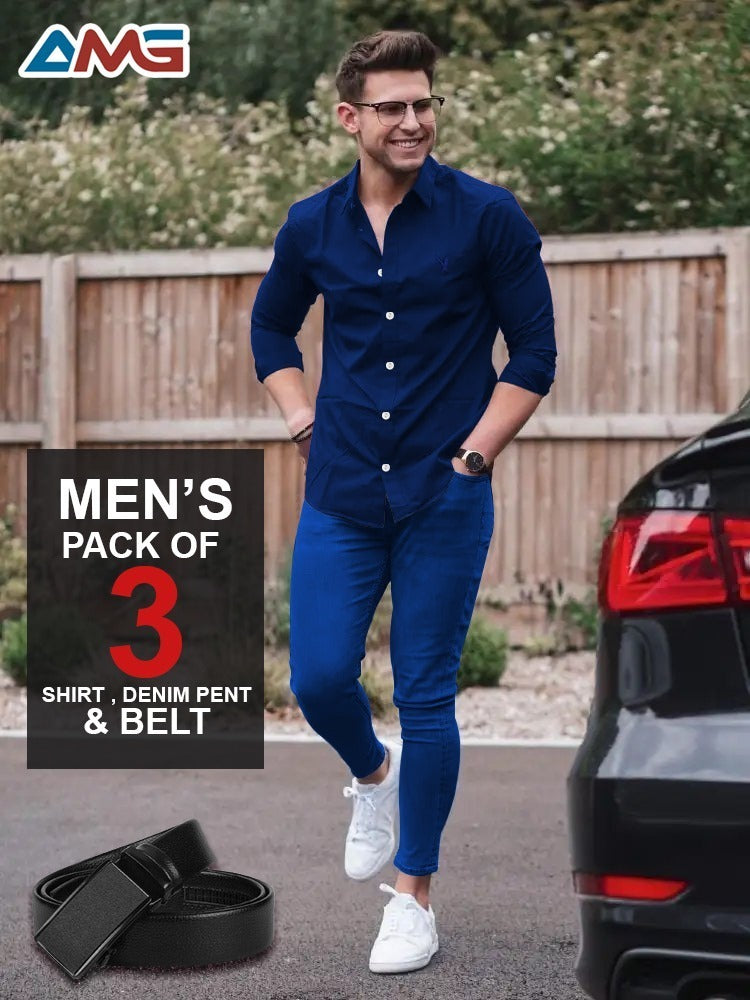 Pack of 3 – Men’s Shirt, Jeans & Belt | Premium Quality Combo
