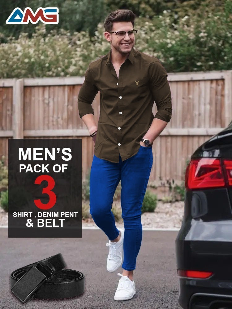 Pack of 3 – Men’s Shirt, Jeans & Belt | Premium Quality Combo