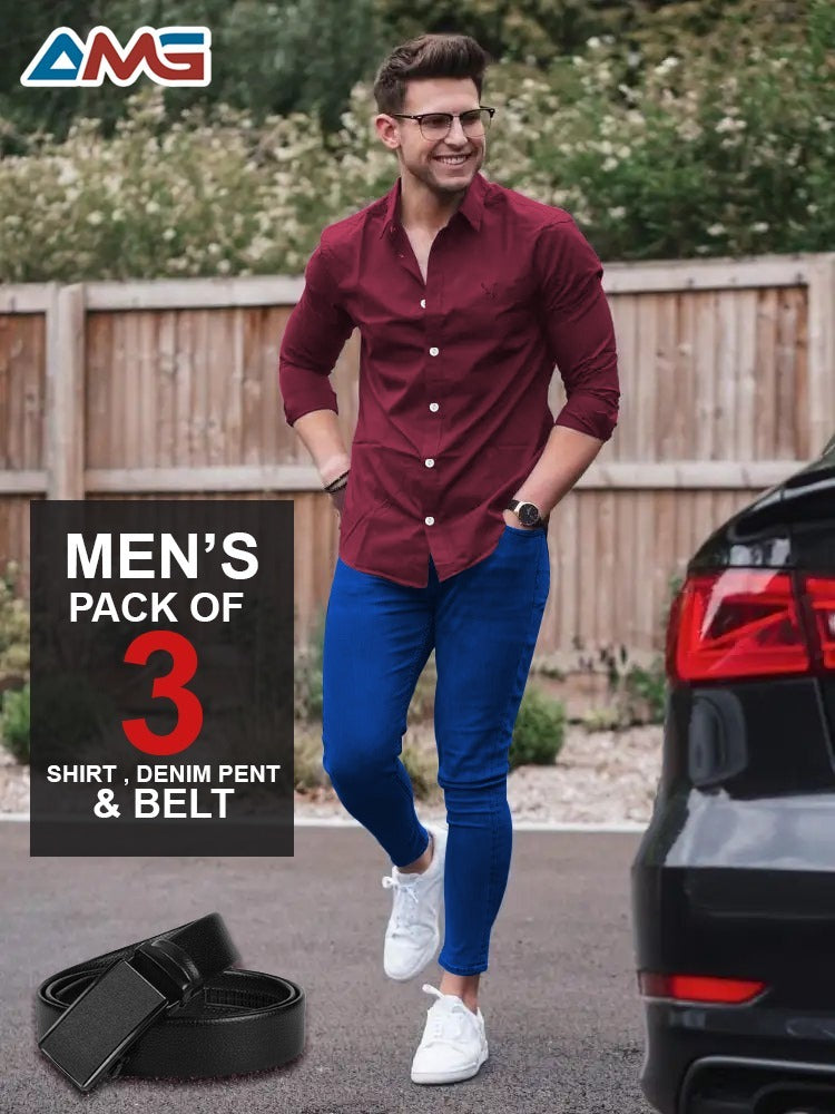 Pack of 3 – Men’s Shirt, Jeans & Belt | Premium Quality Combo