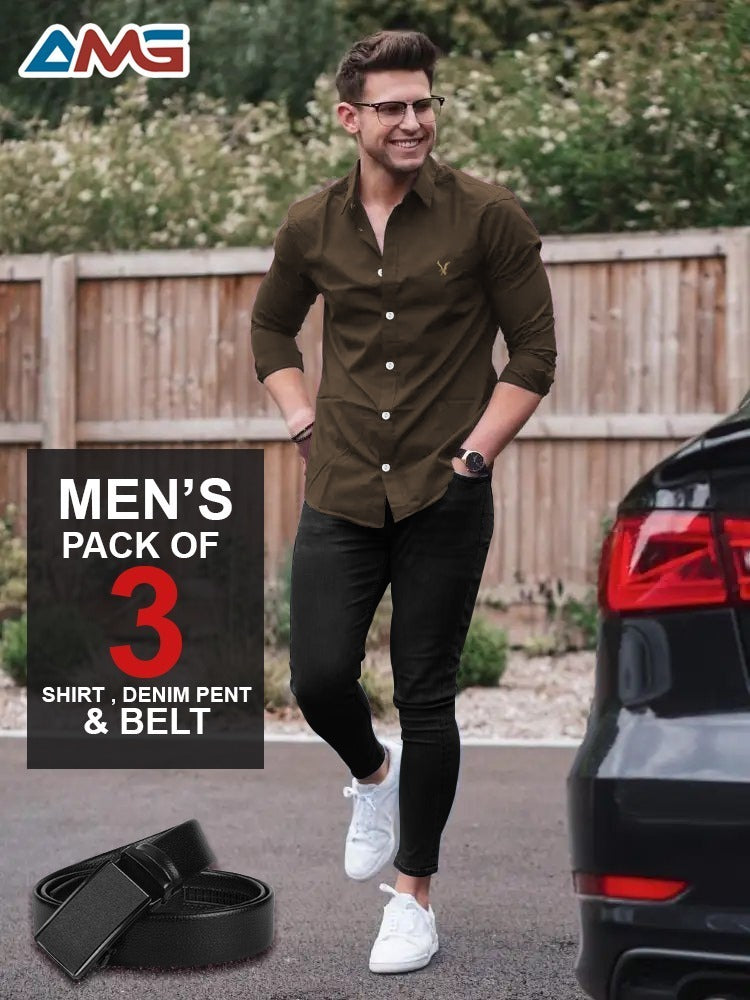 Pack of 3 – Men’s Shirt, Jeans & Belt | Premium Quality Combo